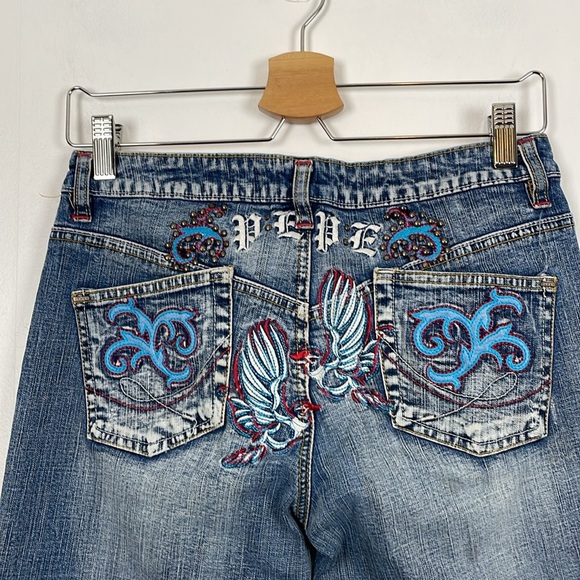 Pepe Jeans London Womens 28 Bootcut 4 Pocket Embroidered Design Stud Blue Pants - Picture 8 of 11